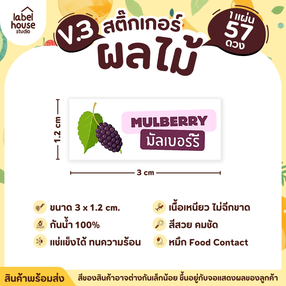[ VER.3 ] สติ๊กเกอร์ผลไม้ ไส้ขนม รสชาติผลไม้ สไตล์มินิมอล ภาษาอังกฤษ-ภาษาไทย กันน้ำ 3 x 1.2 ซม. (57 ดวง/แผ่น) มัลเบอร์รี่